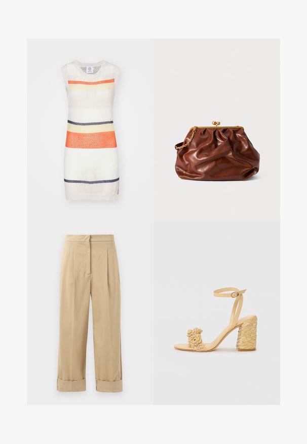 Ärmlös stickad klänning med ett nätverksmönster som har horisontella ränder i orange, gult, mörkblått och krämfärgat. Rak fåll och runt halsringning.; Beiga, vida byxor med två framvikningar, rullade fållar och en slät textur. Tillverkade av lättviktsmaterial, vilket ger en avslappnad passform.; Beige högklackad sandal med flätad textur, prydd med en dekorativ blomma och vristrem. Fyrkantig klack ger stabilitet.; Brun läderklutch med guldsnäppram och kort guldchain-handtag, med en mjuk, rynkad textur på vit bakgrund.