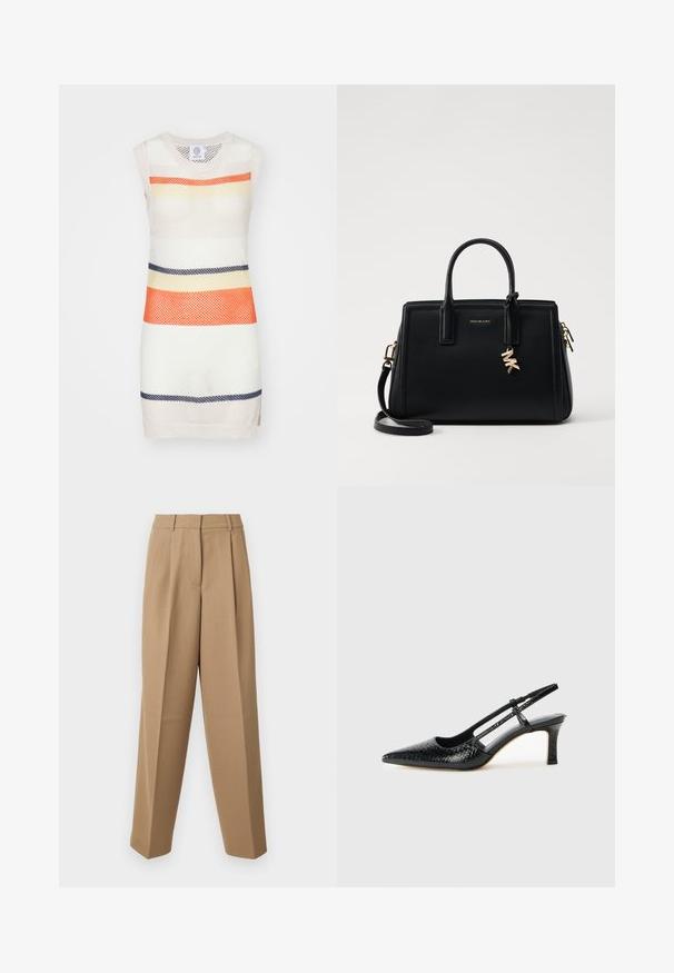 Robe en tricot sans manches avec un design en mesh et des rayures horizontales orange, jaune, marine et crème. Ourlet plat et col rond.; Pantalons beige ajustés avec une taille haute, une devant plissé et une coupe évasée. Le tissu semble lisse avec un léger éclat.; Escarpin slingback en vernis noir avec un bout pointu, présentant un imprimé serpent texturé, une sangle réglable et un petit talon bloc texturé.; Sac à main en cuir noir avec un design structuré, deux poignées supérieures, une bandoulière amovible, des accessoires en or et un pendentif avec le logo.