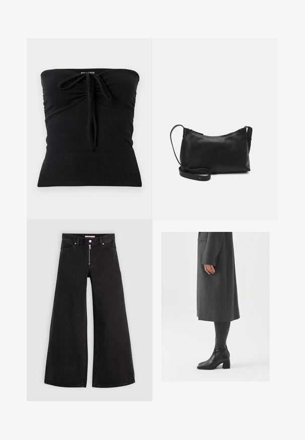 Svart strapless topp laget av myk stoff, med en snor foran for justering, med en jevn tekstur og en tettsittende design.; Vide benbukser i sort denim med glidelås i front, fem-lomme design og subtile sømdetaljer. Glatt tekstur og avslappet stil.; Grå, skreddersydd frakk med rett snitt; kombinert med knehøye svarte lærstøvler med firkantet tå og kraftig hæl.; Svart skinn skulderveske med glatt tekstur, buet form, justerbar stropp og glidelås. Minimalistisk design uten dekorasjoner.