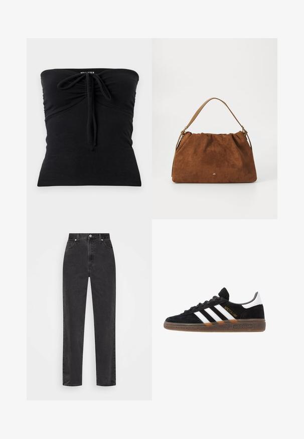 Svart strapless topp gjord av mjukt material, med en snörning framtill för justering, har en slät yta och en figurnära design.; Svarta jeans med rak benstil och hög midja, framknapp och dragkedja, samt fem fickor mot en vit bakgrund.; Svarta Adidas-sneakers med vita ränder, guld "Spezial" text, gummisulor och vit hälflik, visade i profilvy.; Brun mockaläderhandväska med ett samlat mönster, som har en enkel rem i tanläder och en subtil guldfärgad logotypdetalj på framsidan.