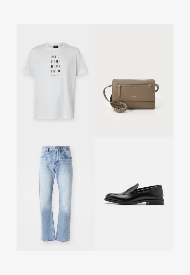 White cotton T-shirt featuring multicolored vertical stripes and text "PS Paul Smith" printed in black, crew neckline, short sleeves.; Light blue denim jeans with a straight-leg cut. Features a five-pocket design, button fly, and faded texture towards the bottom.; Black leather loafers with a smooth texture, rounded toe, and a decorative strap across the vamp. Low stacked heel, minimalist design.; Taupe leather crossbody bag with a zippered front pocket, adjustable strap, pebble texture, and embossed logo on the front.