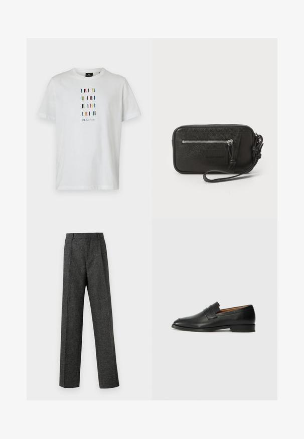 Hvit bomulls T-skjorte med flerfargede vertikale striper og teksten "PS Paul Smith" trykt i svart, rund hals, korte ermer.; Grå skreddersydde bukser laget av teksturert stoff, med to frontpleater og rette ben. Ingen synlige lommer eller dekorasjoner.; Svart skinnloafer med rund tå, subtilt sydd detaljering og lav hæl, med en glatt tekstur og minimalistisk design.; Svart lær clutch med teksturert overflate, frontlomme med glidelås og avtakbar håndleddsreim. Har en logo-patch på fronten. rektangulær form.