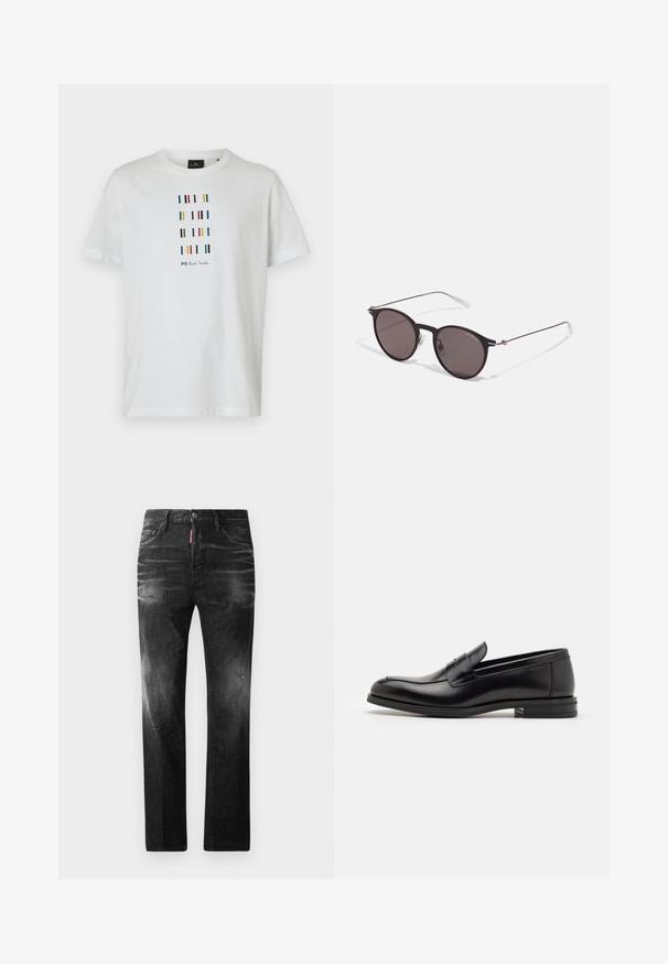 White cotton T-shirt featuring multicolored vertical stripes and text "PS Paul Smith" printed in black, crew neckline, short sleeves.; Black denim jeans with a straight fit. Features faded areas, minor distressing, classic five-pocket design, and a button closure.; Black leather loafers with a smooth texture, rounded toe, and a decorative strap across the vamp. Low stacked heel, minimalist design.; Black round sunglasses with dark lenses and slim metal arms. Includes clear temple tips and silver accents at the hinge. Minimalist design.