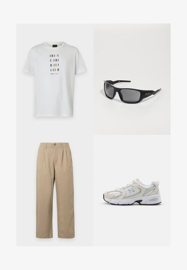 Balta kokvilnas T-kreklā ar daudzkrāsainām vertikālām svītrām un melnā krāsā izdrukātu tekstu "PS Paul Smith", ar apaļu kakla izgriezumu, īsām piedurknēm.; Beige augstās jostas bikses ar krokām, jostu cilpām, pogu aizdari un taisnām kājām uz baltas fona.; Sporta apavi ar gaiši pelēku sietu augšējo daļu un zamša akcents, baltiem šņorēm un melnu gumijas zoli. Ievērojamas ABZORB amortizācijas detaļas.; Melni saulesbrilles ar taisnstūra formu, izgatavotas no izturīgas plastmasas, ar pelēkiem tonētiem objektīviem un zelta akcentu sānos.