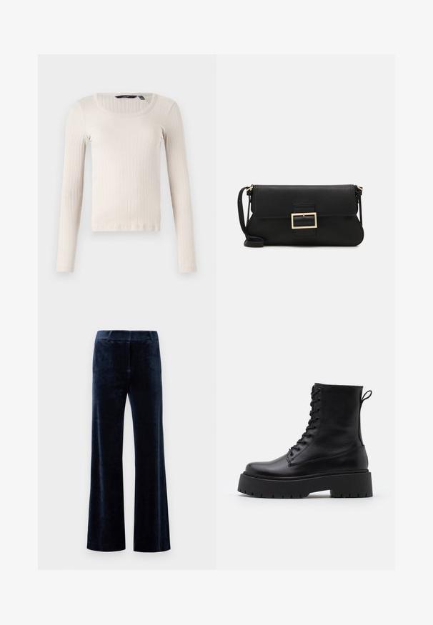 Hea beež pikkade varrukatega ribadekombinesoon, ümarate kaelustega ja pehme, tekstuurse kangaga. Tavaline lõige, otse lõikega hems.; Tumedate laiad püksid, mis on valmistatud pehmest sametist. Omavad sujuvat tekstuuri, kohandatud vööd ja puhtaid lõikeääri. Ilma nähtava riistvara või mustriteta.; Mustad mustad nahast pahkluu saapad ümarate varvastega, nööridega esiosas ja paksu kummist talla ning tekstuuritud mustriga. Tagumine tõmbeaas.; Must haben musta nahkklahviga kott, millel on klapp ja kuldne metallist pandla detail. Kaasas must rihm ja stiilne, minimalistlik disain.; Hõbedased rõngastikkaehingad minimalistlikus disainis. Ümar kuju, sile tekstuur ja õhuke profiil. Kerged ning poleeritud viimistlusega.