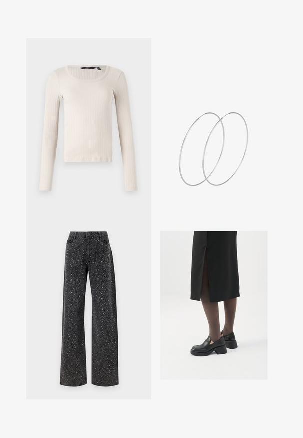 Pitkähihaisessa ribbipaidassa on vaalea beigensävy, siinä on pyöreä pääntie ja pehmeä, morsiantyyppinen kangas. Normaali istuvuus ja suora helma.; Noisy May NMJANNEL LOOSE - Relaxed fit -farkut - black denim; Mustat nahkakengät pyöreällä kärjellä, paksulla lohkopohjalla ja joustavilla sivuakkesseilla, yhdistettynä tummiin sukkahousuihin ja mustaan hameeseen, jossa on halkio.; Hopehope hopeilla, joissa on minimalistinen muotoilu. Pyöreä muoto, sileä pinta ja ohut profiili. Kevyet ja kiillotetut.