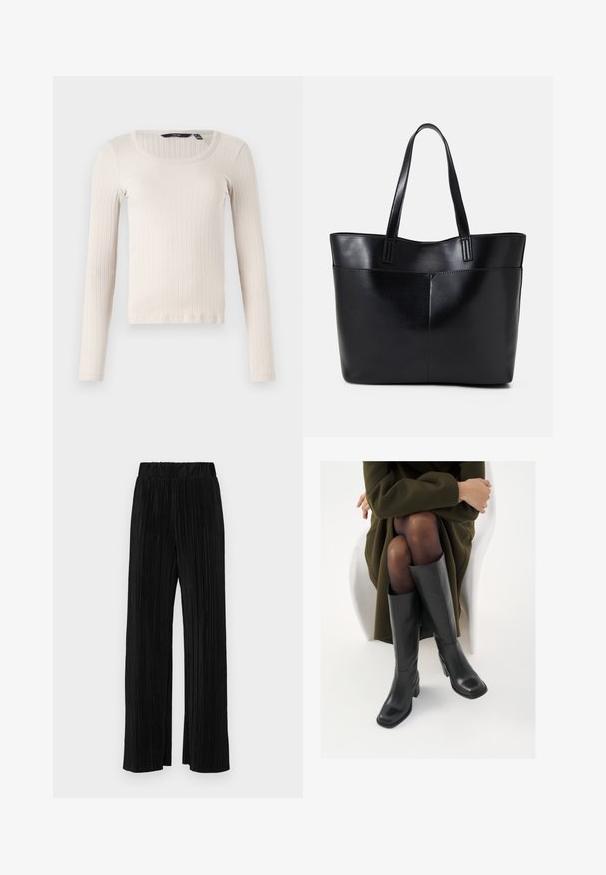 Tricou cu maneci lungi, din material cu o textură rib, de culoare bej deschis, având decolteu rotund. Croială regulată cu tiv drept.; Pantaloni negri plisati cu talie elastică. Prezintă picioare largi și un material neted, texturat, cu dungi verticale.; Cizme din piele neagră, până la genunchi, cu vârf pătrat și toc bloc, prezentate pe un model așezat într-o haină verde măsline. Textură netedă, detalii minime.; Geantă oversized din piele neagră, cu două mânere lungi, de textură netedă și formă structurată. Are un buzunar frontal pentru stocare suplimentară.