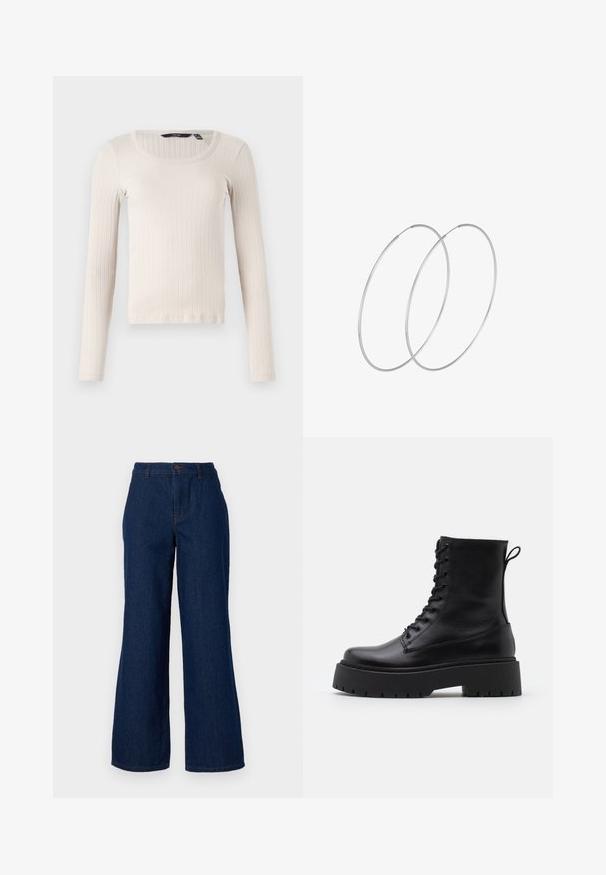 Dlouhý rukáv ribnovaný top ve světle béžové barvě, s kulatým výstřihem a měkkou, strukturovanou látkou. Standardní střih s rovním lemem.; Tmavě modré denimové kalhoty širokého střihu s vysokým pasem, předním zapínáním na knoflík a jemnými švy. Hladký povrch bez vzorů.; Černé kožené kotníkové boty s kulatou špičkou, šněrováním na přední straně a silnou gumovou podešví s texturovaným vzorkem. S poutkem vzadu.; Stříbrné kruhové náušnice s minimalistickým designem. Kruh, hladký povrch a tenký profil. Lehká konstrukce s lesklým povrchem.