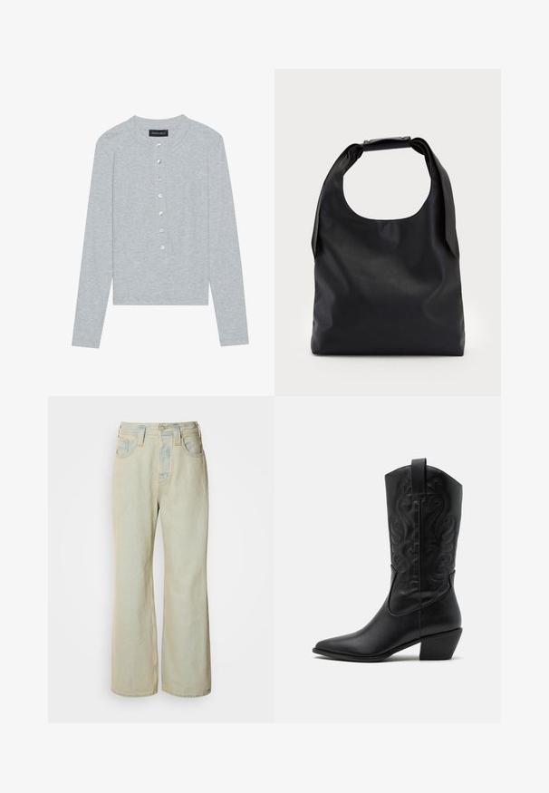 Svetlosivý kardigán s dlhým rukávom a okrúhlym výstrihom, ktorý má zapínanie na päť gombíkov s okrúhlymi, lesklými gombíkmi a priliehavý strih.; Svetlomodré široké džínsy vyrobené z denimu, s vysokým pásom, piatimi vreckami a jemným vyblednutím s kontrastným prešívaním.; Čierna kožená kovbojská čižma s špicatou špičkou, embosovanými vírivými vzormi a stredne vysokým opätkom. Obsahuje pútko pre jednoduché obúvanie.; Čierna kožená hobo taška s jedným mäkkým, zaobleným uchom; má hladkú textúru a minimalistický dizajn. Žiadne viditeľné kovanie ani akcenty.; Zlaté kruhové náušnice s textúrovaným, nepravidelným tvarom. Majú bezšvové uzatváranie a lesklý povrch, čo podčiarkuje moderný dizajn.