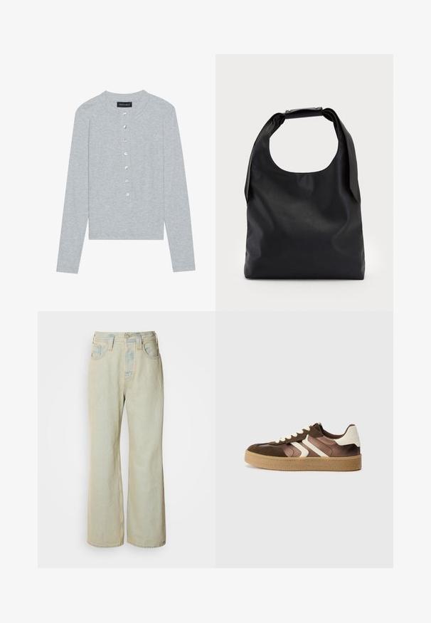 Light gray long-sleeve cardigan with a round neckline, featuring a five-button placket with round, shiny buttons and a fitted design.; Light blue wide-leg jeans made of denim, featuring a high waist, five pockets, and subtle fading with contrasting stitching accents.; Brown and cream sneakers with a combination of suede and satin materials, featuring three diagonal stripes and a textured gum sole.; Black leather handbag with a large open top and a single shoulder strap. Soft texture, minimal design, features subtle hardware accents.; Gold hoop earrings with a textured, irregular shape. Features a seamless closure and a polished surface finish, emphasizing a modern design.