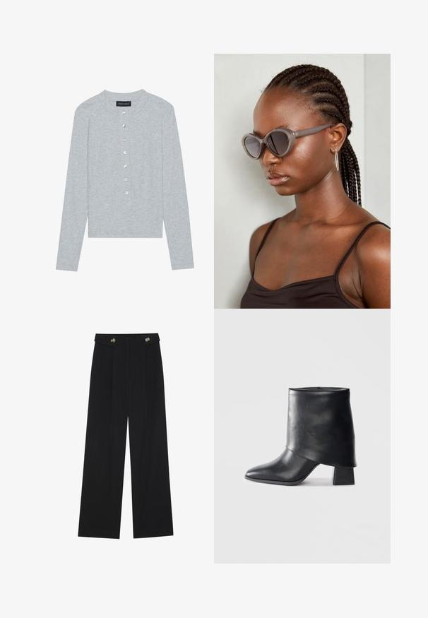 Helehall pikkade varrukatega kardigan ümmarguse kaelusega, mis sisaldab viie nupuga nööpplagitatsiooni ümmarguste läikivate nuppudega ja kitsast disaini.; Mustad laiad püksid kõrge vöökoha ja nööpdetailidega vööandil, esikortsudega.; Mustad nahast pahkluuring, millel on terav varvas, sile tekstuur ja struktureeritud plokknakk. Omab kõrget, volditud suud.; Hallid ova päikeseprillid ümmarguse kujuga ja tumedate läätsega. Sujuva viimistlusega läikiv plastraam. Mudelil on põimitud juuksed.; Must musta kott, millel on struktureeritud kuju, sile tekstuur ja metallist klamber. Kombineeritud laiate mustade pükstega ja avatud varvaste sandaalidega puidust põrandal.