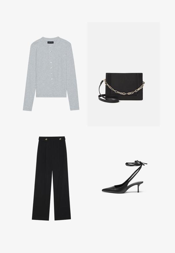 Light gray long-sleeve cardigan with a round neckline, featuring a five-button placket with round, shiny buttons and a fitted design.; Black wide-leg trousers with high waist, button details on waistband, and front pleats.; Black leather stiletto shoe with a pointed toe, open back, and ankle straps tied in a bow. Slim 3-inch heel. Smooth texture, minimalist design.; Black leather crossbody bag featuring a smooth texture, rectangular shape, and a metallic chain detail on the front. Adjustable strap included.