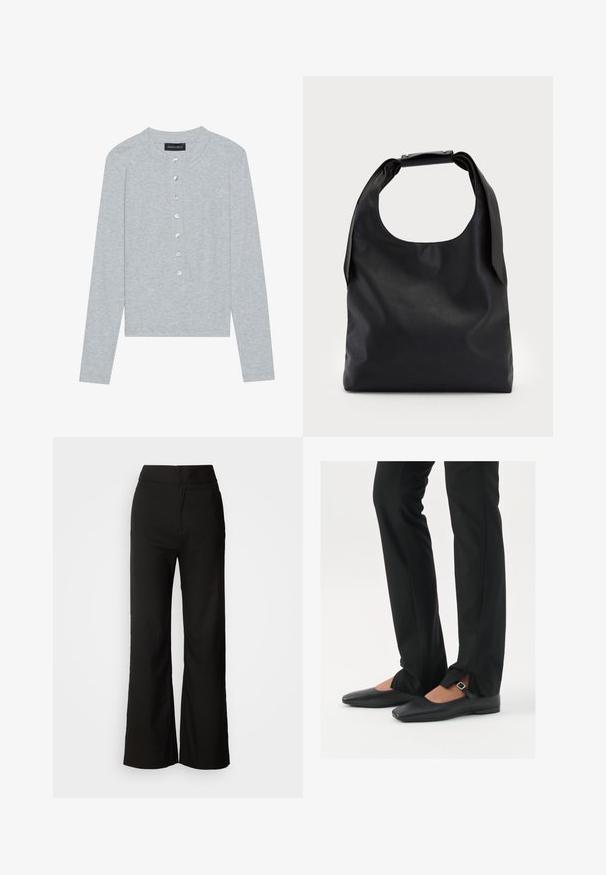 Šviesiai pilkas ilgų rankovių kardiganas su apvalia iškirpte, turintis penkių mygtukų užsegimą su apvaliais, blizgiais mygtukais ir prilipnų dizainą.; Juodos plačios kelnės su lygiu paviršiumi, aukšta liemeni, ir švariu dizainu. Nėra matomų kišenių ar papuošimų.; Juodų odinių balerinų batų su smailiu priekiu, juostele su sidabro sagtimi, derinami su juodomis pritaikytomis kelnėmis, turinčiomis plyšinį hemą.; Juoda odinė hobo tipo rankinė su viena minkšta, apvalia rankena; pasižymi lygiu paviršiumi ir minimalizmu. Nėra matomų detalių ar akcentų.; Sidabrinė lankinė auskarai su poliruotu paviršiumi, turintys mažus auksinius akcentus ir apvalią formą, dėvimi ant ausies kaušelio.