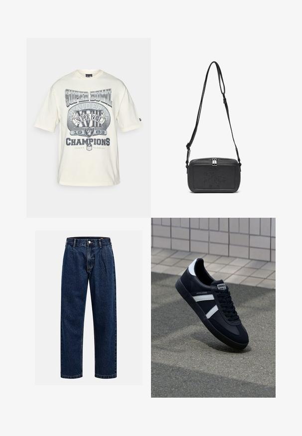 Kratka majica kremaste barve s kratkimi rokavi, ki vsebuje sivo vintage grafiko Super Bowla, besednima "Raiders" in "Champions", ter ohlapnim krojem.; Temno modri kavbojki iz denima s pravim krojem. Imajo vidno šivanje, zapenjanje na gumb in sprednje plitke za dodaten detajl.; Črne usnjene superge z belimi črtami, teksturiran gumijast podplat in zavezovanje spredaj. Imajo označeno oznako na ježku.; Črna usnjena torbica čez ramo z zadrgo, embosirano logotipom spredaj in nastavljivim pasom. Gladka površina z pravokotno obliko.
