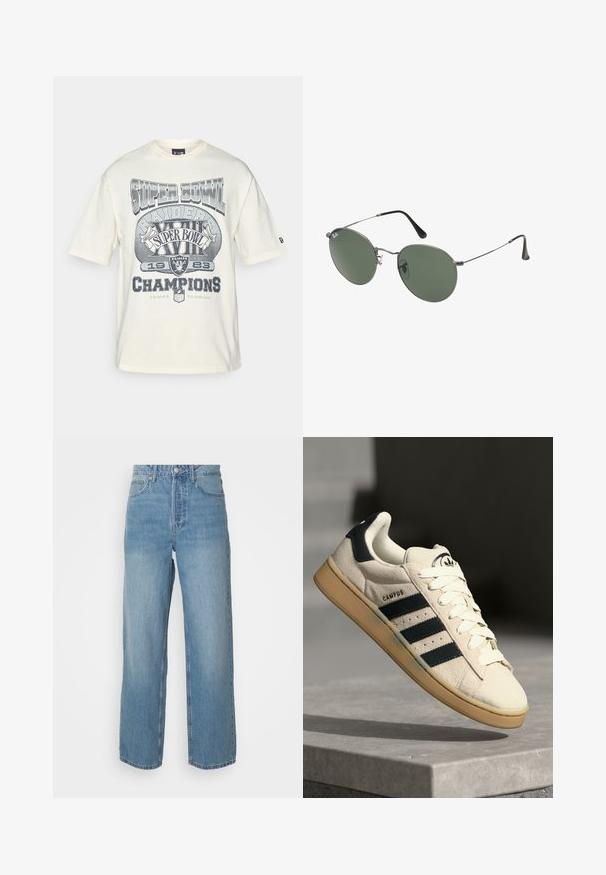 Krēmkrāsas īsām piedurknēm T-krekls ar pelēku retro Super Bowl grafiku, tekstu "Raiders" un "Champions", kā arī brīvu piegriezumu.; Gai zilas augstās jostas džinsu bikses ar taisnām kājām, priekšējo pogu aizdari un piecu kabatu dizainu uz vienkrāsaina fona.; Bežs zamšs sporta apavi ar trim tumši ziliem svītrām, baltām auklām un brūnu gumijas zoli. Uz mēles ir logo un teksts "CAMPUS".; Metāla rāmji saulesbrillēm ar ovālām zaļām lēcām. Tievs sudraba metal rāmji un melni ausu spilventiņi. Minimalistiska dizaina, bez redzamām apzīmējumiem.