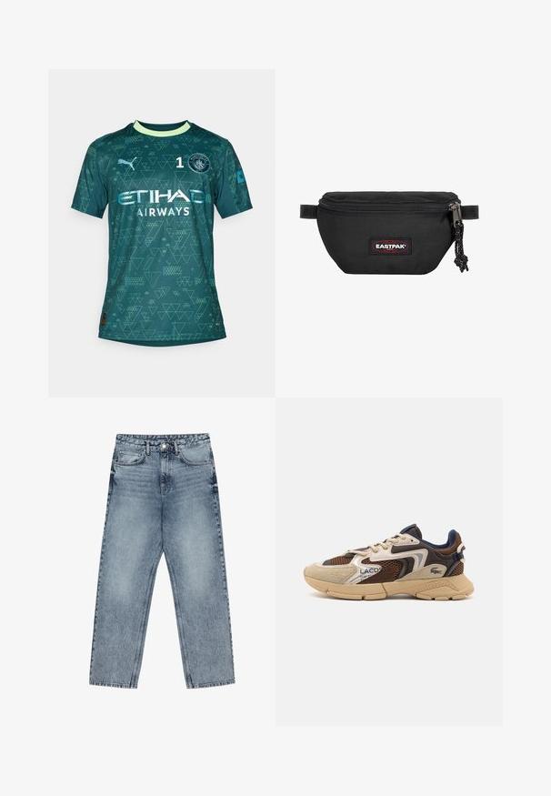 Zielona koszulka bramkarska z geometrycznymi wzorami, posiadająca okrągłe logo klubu, numer "1" oraz białe oznaczenia. Krótkie rękawy i okrągły dekolt.; Jasnoniebieskie dżinsy z prostymi nogawkami, widocznym przeszyciem, pięcioma kieszeniami oraz zapięciem na guzik w talii.; Beżowe i brązowe sneakersy z teksturowanymi panelami z siateczki, zamszowymi akcentami i gumową podeszwą. Posiadają sznurowane zapięcie oraz detale marki.; Czarna nerka wykonana z trwałego materiału, z zamkiem błyskawicznym, regulowanym paskiem i czerwono-czarną naszywką z logo na przodzie.