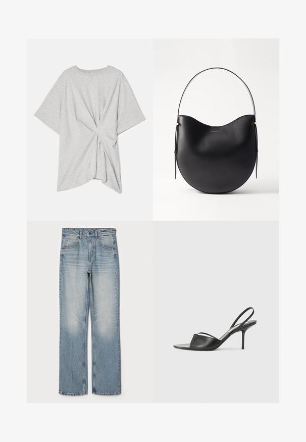 Pilnas pilkos spalvos trumpomis rankovėmis marškinėliai, pagaminti iš švelnios medvilnės, su suktais nugaros dizainu ir laisvu, patogiu kirpimu su apvaliu pašonu.; Šviesiai mėlyni džinsai su tiesiu kirpimu, aukšta juosmens linija, penkių kišenių dizainas ir švelnus blukimas šlaunų ir kelių srityse.; Juodos odinės slingback aukštakulnės bateliai su smailiu priekiniu galu, plona kulkšnies juostele ir stiletto kulnu. Papuošti mazginio detalė vampyro dalyje.; Juodas odinis peties krepšys su kreiviu kontūru, plona rankena ir subtiliais auksiniais akcentais. Lygaus paviršiaus su minimalistiniu dizainu.