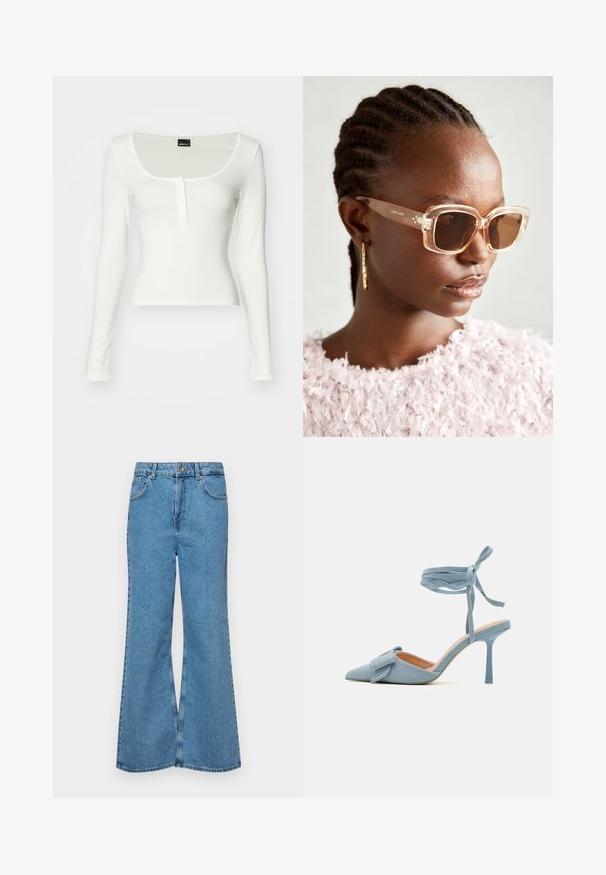 Hvit langermet topp med rund hals og en enkelt knapplukking. Laget av glatt stoff med en tettsittende silhuett og ingen synlige mønstre.; Lyseblå vide jeans laget av denim, med høyt liv, fem lommer og en enkelt knappelukking. Myk tekstur med falmet finish.; Pekepusted hæl sko i lyseblå stof med en tekstureret finish, med en sløjfeaccent og ankelrem for en sikker pasform.; Beige oversized solbriller med klar ramme og brune tonede linser, med subtile blomsterdetaljer og dristig, geometrisk design.