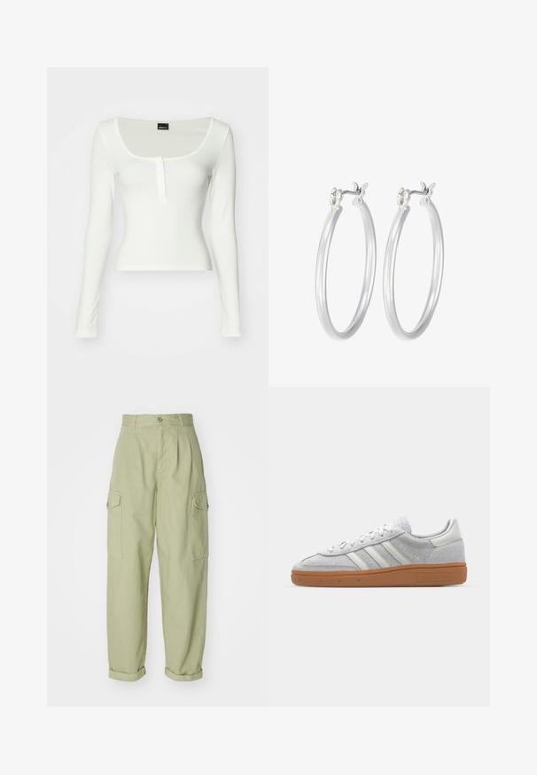 Balta garām piedurknēm augšdaļa ar apaļu kakla izgriezumu un vienu pogu. Izgatavota no gludas auduma ar pieguļošu siluetu un bez redzamām rakstām.; Gaiši zaļas kravas bikses, izgatavotas no kokvilnas auduma. Tām ir augsts jostasvieta, sarullētas malas un divi sānu kravas kabatas papildu praktiskumam.; Gai pelēki zamšīgās kedas ar baltām ādas detaļām, trim baltām līnijām un brūnu gumijas zoli, ar mīkstinātu apkakli komforta nodrošināšanai.; Sudraba riņķveida auss gredzeni ar gludu, pulētu apdari. Apaļa forma un drošs klikšķa augšējais slēgums. Viegls dizains, kas piemērots ikdienas valkāšanai.