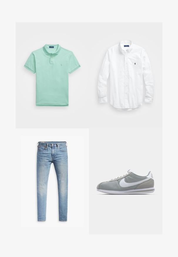 Lys grønn polo skjorte laget av bomull. Har en klassisk krage, to-knapps knappestolpe, og en liten brodert logo på brystet.; Hvit langermet skjorte i bomull med knapper. Har en klassisk krage, knappe mansjetter og en liten marineblå brodert logo på brystet.; Lyseblå slim-fit jeans med svak falming på lårene, frontknappelukking, beltehemper, og fem-lomme design på hvit bakgrunn.; Grå idrettssko med overdel i semsket skinn og tekstil, hvit Nike swoosh og hvite snøringer. Har en teksturert gummisåle og polstret krage.