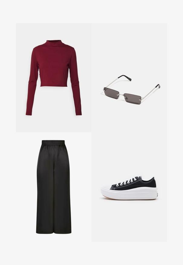 adidas Performance YOGA STUDIO - Long sleeved top - shadow red; Black wide-leg pants made of smooth, shiny fabric with an elastic waistband and no visible pockets or hardware details.; Black canvas sneakers with white laces, white rubber toe cap, and a chunky white midsole. Features subtle white stitching and a gum sole.; Sunglasses with rectangular, dark grey lenses, silver metal frames, and black plastic tips on the arms. Lightweight design with nose pads.