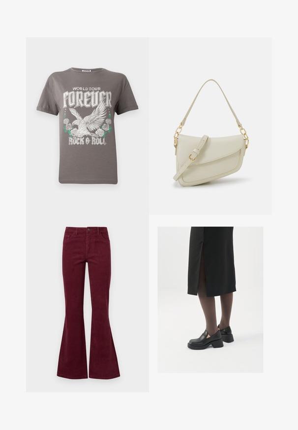 Hallhalli hallis T-särk, millel on suur graafika kotkast ja roosidest, ning tekst "MAAILMA TUUR Igavesti Rock & Roll" julgete valgete tähtedega.; Burgundi värvi corduroy flared jeans'ide viiel taskul on ees nööpkinne ja tekstureeritud kangas. Flarid laienevad põlvest allapoole.; Mustad mustad jalatsid ümmarguse varbaga, paksu plokkniidi ja elastsete külgdetailidega, kombineeritud tumedate sukkade ja musta lõhikuga seelikuga.; Väike kreemjas käekott tekstureeritud viimistlusega, pikendatav rihm, ketiläbimõõt ja klapiga sulgemine. Kuldsed metalldetailid.