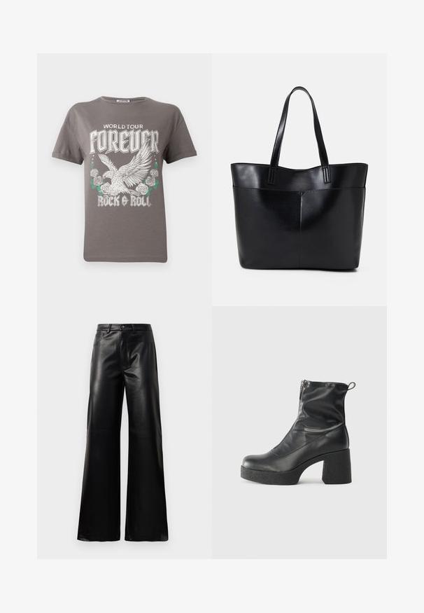 Grå bomulls T-skjorte med et stort grafikk av en ørn og roser, med teksten "WORLD TOUR FOREVER ROCK & ROLL" i fet hvit skrift.; Sorte høy midje vide ben bukser i imitert skinn med knapp foran, glidelås, beltehemper og sidelommer på hvit bakgrunn.; Svarte ankelstøvler laget av glatt lær, med glidelås på siden, chunky strukturert hæl, og rund tå-design.; Svart lær toteveske med to lange håndtak, en glatt tekstur og en strukturert form. Har en frontlomme for ekstra oppbevaring.