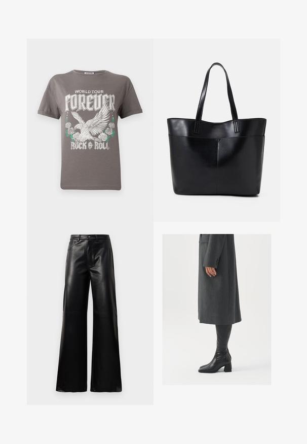 Camiseta cinza de algodão com um grande gráfico de uma águia e rosas, com o texto "WORLD TOUR FOREVER ROCK & ROLL" em letras brancas em negrito.; Calças largas de imitação de couro pretas, de cintura alta, com botão frontal, fecho de correr, passadores de cinto e bolsos laterais sobre fundo branco.; Casaco cinza, ajustado, com corte reto; combinado com botas de couro pretas até ao joelho, com biqueira quadrada e salto grosso.; Bolsa tote preta em couro com duas alças longas, textura suave e forma estruturada. Apresenta um bolso frontal para armazenamento adicional.