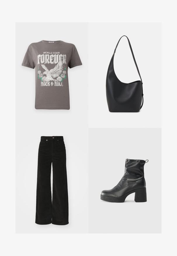 Tricou gri din bumbac, cu un grafic mare al unui vultur și trandafiri, cu textul "WORLD TOUR FOREVER ROCK & ROLL" în litere albe îndrăznețe.; Pantaloni largi din canao negri cu talie înaltă, având două buzunare frontale și închidere cu nasture metalic. Material texturat cu nervuri verticale.; Bocanci negri de glezna din piele netedă, cu fermoar lateral, toc texturat și masiv, și design cu vârf rotund.; Geantă hobo din piele neagră, cu o textură netedă, formă curbată și un singur bretele ajustabil; are o deschidere largă în partea de sus.