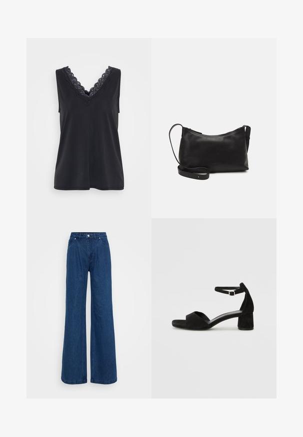 Juoda be rankovių palaidinė su V formos iškirpte, papuošta sudėtingu juodu nėriniu aplink iškirptę. Lygus audinys ir laisvas pjūvis.; Mėlynos plačios džinsinio audinio kelnės su aukšta juosmens linija, priekyje mygtukas ir užtrauktukas, bei priekinės ir užpakalinės kišenės prieš paprastą foną.; Juodos aksominės basutės su plona kulkšnies juosta, atvira pirštų dalimi ir nedideliu blokuotų kulniukų. Lygus paviršius ir minimalūs akcentai.; Juodas odinis petinis krepšys su lygiu paviršiumi, išlenkta forma, reguliuojama dirželiu ir užtrauktuku. Minimalistinis dizainas be puošmenų.; Sidabrinis dvigubas žiedas su lygiu, poliruotu paviršiumi. Pasižymi sklandžiu, kreiptu dizainu su persipinančiomis dalimis, suteikiančiomis modernų išvaizdą.