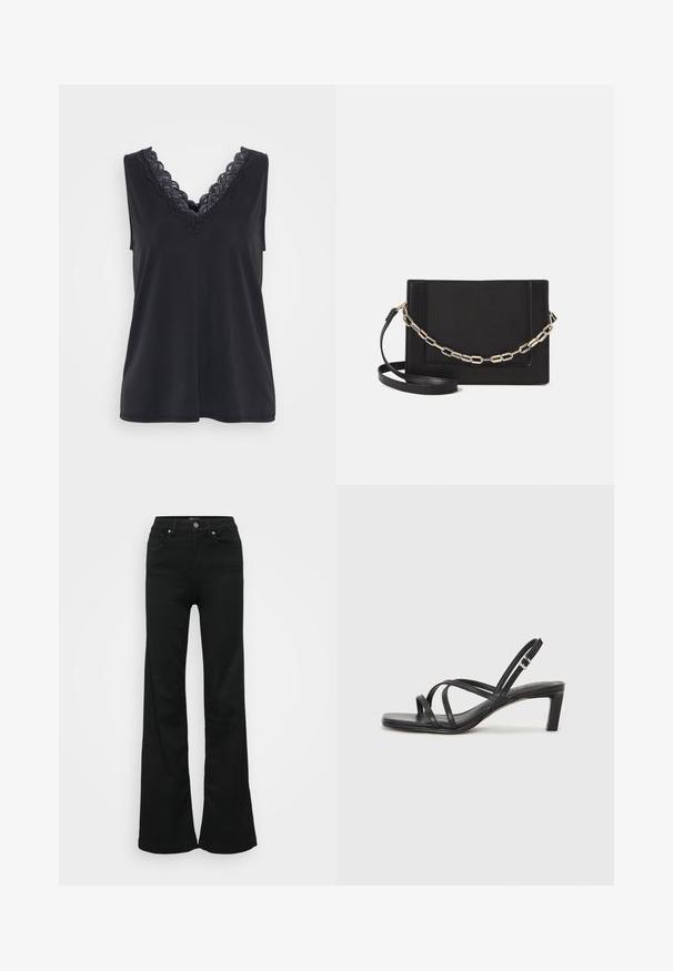 Svart ärmlös topp med V-ringning som har intrikata svarta spetsdetaljer längs halsringningen. Slät tygkvalitet och en avslappnad passform.; Svarta utsvängda jeans i denim, med hög midja, fem fickor och metallknappstängning. Slät textur med minimal detaljering.; Svart sandaler med remmar och fyrkantig tå samt låg blockklack. Har flera tunna remmar och en justerbar ankelrem. Tillverkad av mjukt läder.; Svart läder crossbody-väska med en slät yta, rektangulär form och metallickedjedetalj på framsidan. Justerbar rem ingår.