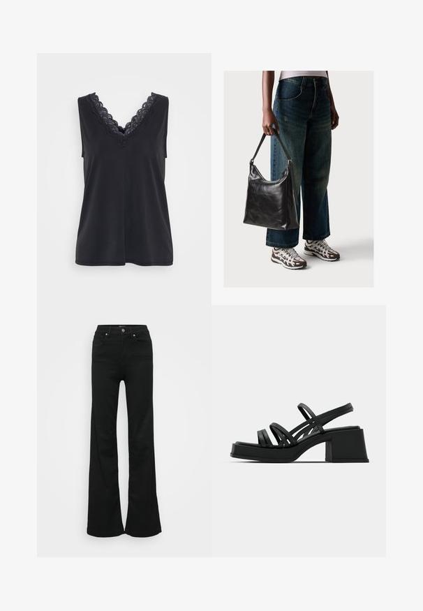 Mustamata v-kaelusega must särk ilma varrukateta, millel on keerukas must pitsääris kaeluse ääres. Sile kangas ja mugav lõige.; Mustad laiad teksapüksid, valmistatud denimist, kõrge vöökoht, viis taskut ja metallist nööpkinnitus. Sujuv tekstuur väheste detailidega.; Mustad kontsad mustade peenikeste rihmadega ja laia blokknõelaga. Kiire disain matist tekstuurist. Jalapadi on kergelt kumer.; Must musta õlakott, millel on sile tekstuur ja reguleeritav rihm, koos pleekinud laia jalgadega teksade ja sportlike tossudega.