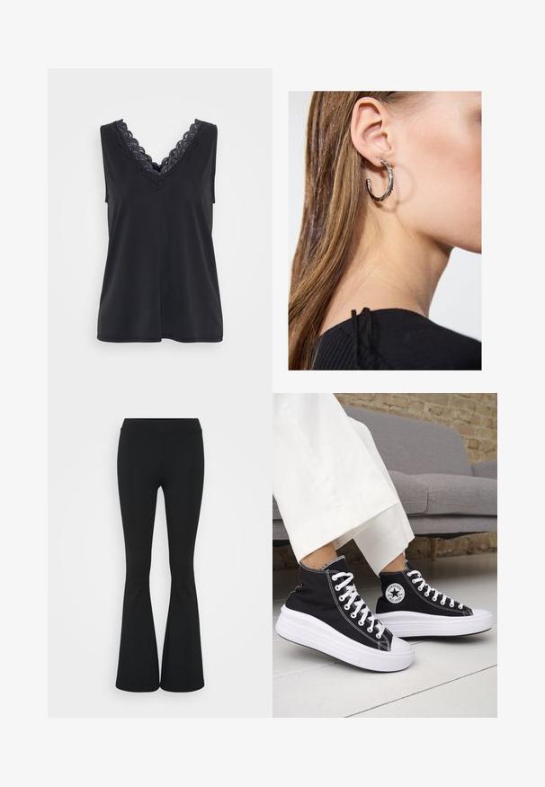 Černý tílko bez rukávů s výstřihem do V, zdobené složitým černým krajkovým lemem kolem výstřihu. Hladká látka a uvolněný střih.; Černé zvonové kalhoty vyrobené z elastického materiálu, s vysokým pasem a hladkou texturou. Kalhoty se rozšiřují od kolene.; Černé vysoké tenisky s bílými gumovými podrážkami a tkaničkami. Mají kulatou nášivku s logem a kontrastní bílé prošití. Materiál plátno.; Stříbrný kruhový náušník s lesklým povrchem, zdobený malými zlatými akcenty, v kulatém tvaru, nošený na lalůčku.