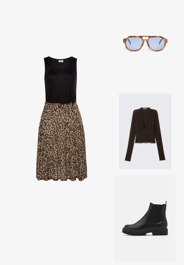 Brown long-sleeve top with a v-neck, gathered detailing at the shoulders, and a fitted waist. Made of stretchy fabric for comfort.; Black sleeveless top with a leopard print, soft brown skirt. The skirt features a gathered elastic waistband and flowing fabric texture.; Black leather Chelsea boot featuring elastic side panels, a pull tab, and a rugged, thick sole with deep grooves for traction.; Tortoiseshell sunglasses with blue lenses, angular design, thick frame, and nose bridge cutout; features gold accent on the temple.; Gold chain necklace with a round clasp detail, featuring interlocking links, a shiny finish, and adjustable length.
