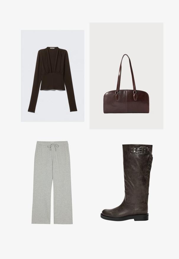 Brun langærmet top med v-hals, indsamlet detalje ved skuldrene og en tætsiddende talje. Fremstillet af strækstof for komfort.; Lysegrå sweatpants lavet af blødt, struktureret stof med snøre i taljen og sidelommer; bred, afslappet pasform.; Brune læderknæhøje støvler med en struktureret finish, der har en spændedetalje og trykknapaccents på siden, samt en flad gummisål.; Brun lædertaske med to lange håndtag, en struktureret rektangulær form, glat tekstur og afrundede kanter. Har accentdetaljer ved håndtagene.