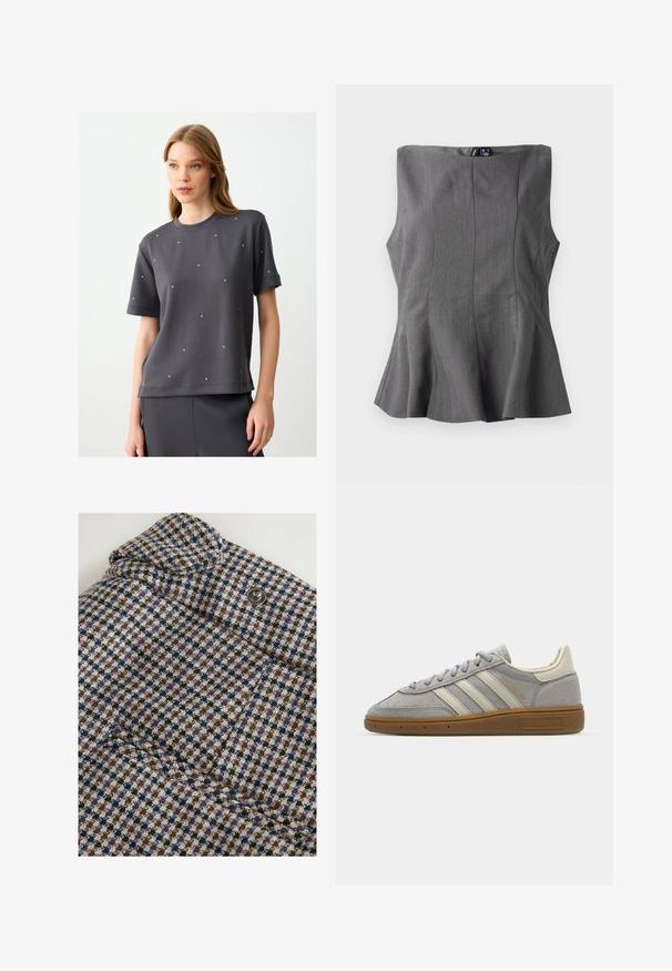 Grijze sweatshirt met korte mouwen en een ronde hals, versierd met verspreid aangebrachte kleine rhinestones. Soepele stof met een ontspannen pasvorm.; Grijze peplum top met een gestructureerd, mouwloos ontwerp. Gemaakt van een gladde stof, met verticale naden en een rechte halslijn.; Next REGULAR FIT - CHECK BARREL TAILORED - Broek - brown; Grijze suède sneakers met lichtgrijze leren strepen en een gomrubberen zool. Kenmerken zijn een vetersluiting en subtiele branding op de tong.