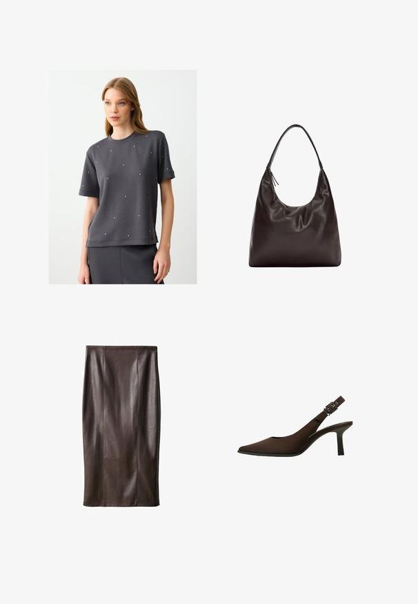 Gray short-sleeve sweatshirt with a crew neckline, featuring scattered small rhinestones for detail. Smooth fabric with a relaxed fit.; Brown leather pencil skirt with a smooth texture, knee-length, featuring vertical seams for design. No additional hardware or accents.; Brown suede slingback pump with a pointed toe, sleek design, thin heel, and a buckle accent on the ankle strap.; Brown leather shoulder bag with a soft, slouchy design. The bag features a wide strap and minimalistic shape, complemented by subtle texture.