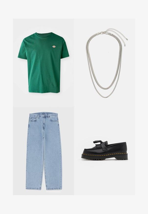 Žalias medvilninis marškinėliai su apvali iškirpte, trumpomis rankovėmis ir mažuoju daugiaspalviu logotipu ant kairiojo krūtinės. Minkšta tekstūra, kasdieniškas dizainas.; Šviesiai mėlyni džinsai su tiesiomis kojomis, turintys vidutinio aukščio juosmenį, penkias kišenes ir mygtuko bei užtrauktuko uždarymą.; Juodas odinis loaferis su kutais, turintis masyvų juodą pado ir geltonus siūlus palei kraštą. Textūruota danga.; Trijų sluoksnių sidabrinė metalinė apyrankė, kuri pasižymi stilingomis, lankstosiomis grandinėlėmis su švelniu blizgesiu, užsegama krabų užsegimu ir reguliuojama grandinė.