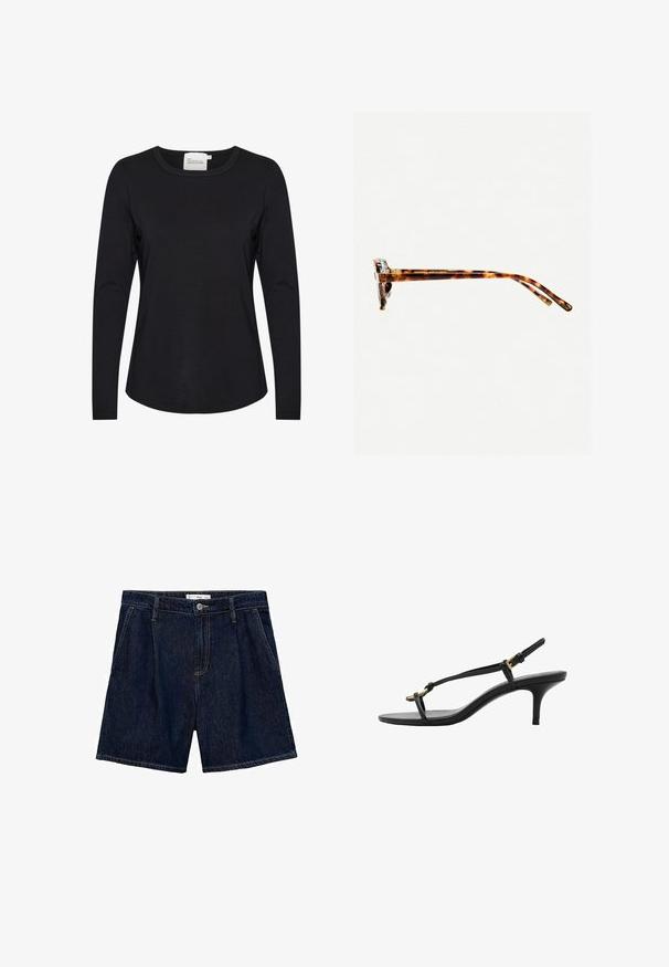 Čierna dlhá košeľa s dlhým rukávom vyrobená z hladkej textílie, s okrúhlym výstrihom a jemným zakrivením na leme, s minimálnymi švovými detailami.; Tmavo modré denim šortky s vysokým pásom, ktoré majú dve bočné vrecká a predné zapínanie na gombík. Hladká textúra a neformálny dizajn.; Čierne kožené sandále na malom podpätku s tenkými pásikmi, zlatou prackou a minimalistickým prstovým pásikom na bielom pozadí.; Slnkové okuliare v korytnačkovom vzore s hrubým rámom, mierne zakrivenými stranami a hladkým povrchom. Majú klasický dizajn s lesklým povrchom.