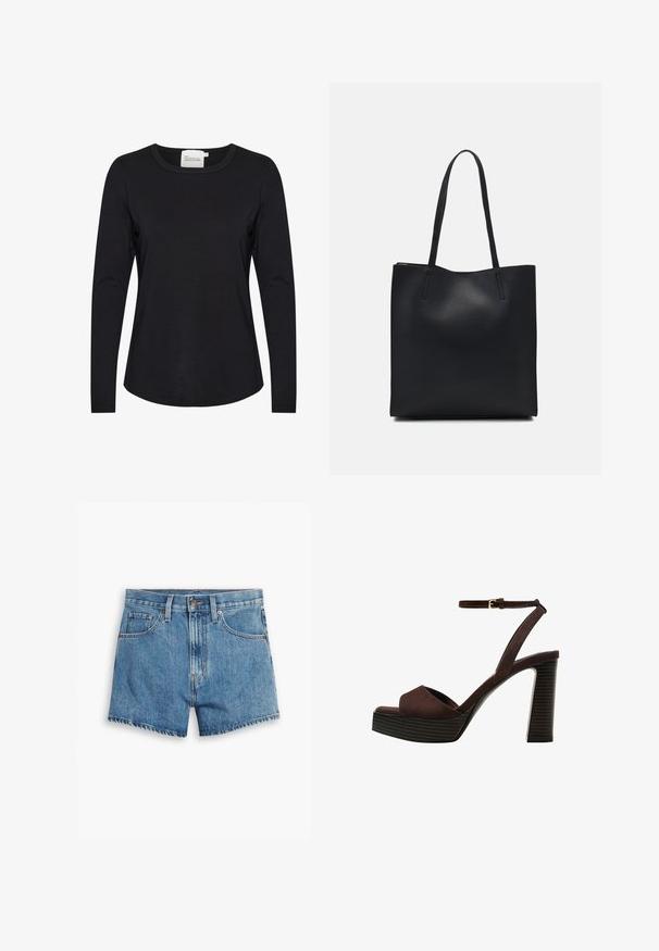Zwarte lange mouwen shirt gemaakt van gladde stof, met een ronde halslijn en een lichte kromming aan de zoom, met minimale stikseldetails.; Lichtblauwe denimshorts met vijf zakken, een ritssluiting en een knoopsluiting. De zoom is rafelig en heeft een ontspannen pasvorm.; Bruine suède high-heeled sandaal met een open teen, verstelbare enkelband en een gestreepte plateauzool.; Zwarte leren handtas met een gladde textuur, rechthoekige vorm en twee lange handvaten. Geen zichtbare hardware of versieringen.