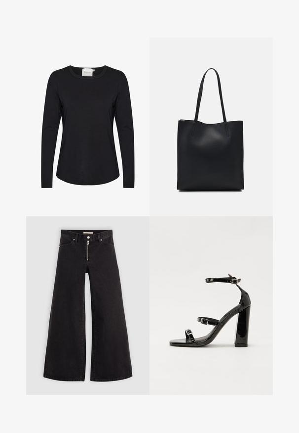 Zwarte lange mouwen shirt gemaakt van gladde stof, met een ronde halslijn en een lichte kromming aan de zoom, met minimale stikseldetails.; Wijdvallende jeans van zwarte denim met een ritssluiting aan de voorkant, vijf zakken en subtiele stikdetails. Soepele textuur en casual stijl.; Zwarte gepatenteerde sandalen met hak en een vierkante neus, enkelbandjes en zilveren gespen. Heeft een stevige blokhak voor stabiliteit.; Zwarte leren handtas met een gladde textuur, rechthoekige vorm en twee lange handvaten. Geen zichtbare hardware of versieringen.