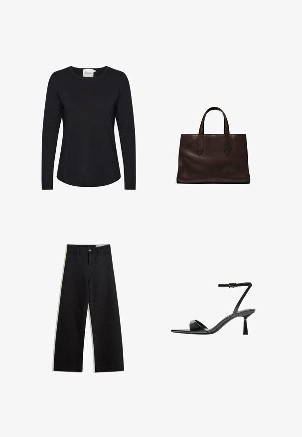Schwarzes Langarmshirt aus glattem Stoff, mit rundem Halsausschnitt und leicht geschwungenem Saum, sowie minimalen Nahtdetails.; Schwarze weit geschnittene Jeans mit hoher Taille, ausgestattet mit Vorder- und Hintertaschen, gesteppten Nähten und einem Knopfverschluss. Glatte Textur.; Bershka High Heel Sandalette - black; Braune Ledertasche mit zwei langen Griffen, strukturierte rechteckige Form, glatte Textur und dezente Nähdetails.