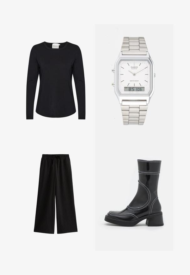 Zwarte lange mouwen shirt gemaakt van gladde stof, met een ronde halslijn en een lichte kromming aan de zoom, met minimale stikseldetails.; Zwarte wijd uitlopende broek met witte verticale strepen, voorzien van een elastische tailleband en trekkoord. Soepele stofstructuur, casual ontwerp.; Zwarte lakleren enkellaars met witte stiksels, ronde neus en blokhak. Kenmerkt zich door gebogen ontwerplijnen en een gladde textuur.; Zilveren roestvrijstalen horloge met een vierkant kast, witte wijzerplaat, analoge en digitale weergave, en een metalen schakelband. Waterdicht ontwerp.