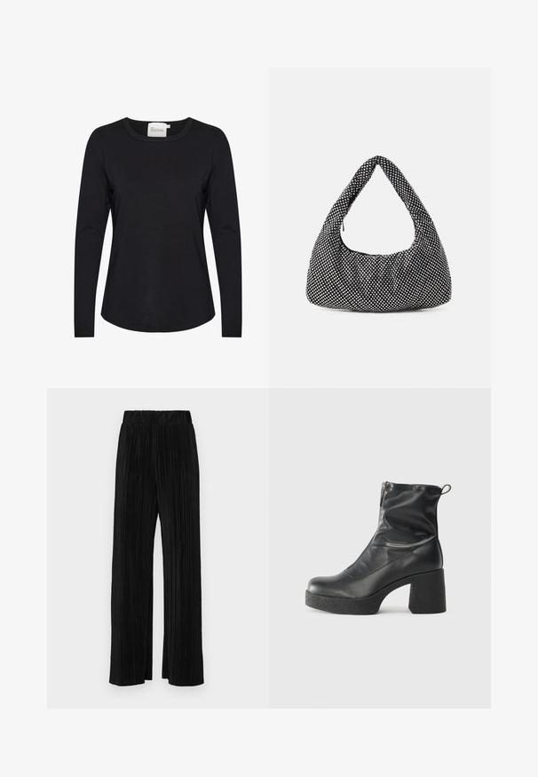 Black long-sleeve shirt made of smooth fabric, featuring a round neckline and slight curvature at the hem, with minimal stitching details.; Black pleated trousers with an elastic waistband. Features wide legs and a smooth, textured fabric with vertical stripes.; Black ankle boots made of smooth leather, featuring a side zipper, chunky textured heel, and rounded toe design.; Black bag with a curved, hobo shape, textured fabric featuring silver studs. Singular top handle, zip closure, and soft silhouette.