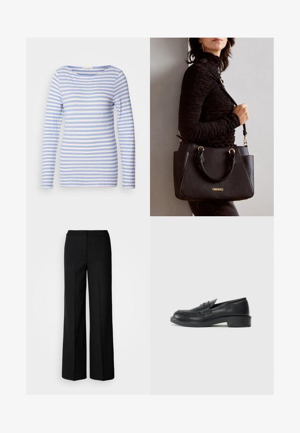 Long-sleeve striped top in light blue and white, featuring a round neckline and soft cotton material with a relaxed fit.; Black wide-leg trousers with a smooth fabric, featuring a high waist, tailored seams, and a minimalist design. No visible hardware or pockets.; Black leather loafers with a rounded toe, stitched detailing, and a small heel. Smooth texture and a flexible rubber sole.; Black handbag with textured surface, dual top handles, and adjustable shoulder strap. Features gold-tone hardware and side pockets.
