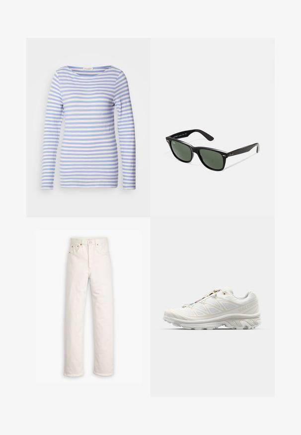 Long-sleeve striped top in light blue and white, featuring a round neckline and soft cotton material with a relaxed fit.; White denim jeans with a straight-leg design, five-pocket style, and copper hardware accents. Raw hem finish at the ankles.; White running shoe with a breathable mesh upper, textured accents, and a cushioned sole. Features a quick-lace system for easy fitting.; Black plastic sunglasses with green lenses, square frames, silver accent on the brow, and textured temple arms. Stated brand on inner arm.