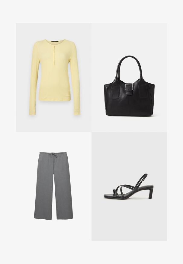 Langarm, geribbelde T-shirt in lichtgeel met een ronde hals en een vijfknopen sluiting. Zachte textuur met een slim fit.; Grijze wijde broek gemaakt van softmateriaal, met een elastische tailleband met een trekkoord en een soepele textuur. Eenvoudig ontwerp zonder patronen.; Zwarte sandaal met bandjes, vierkante teen en een lage blokhak. Voorzien van meerdere dunne bandjes en een verstelbare enkelband. Gemaakt van zacht leer.; Zwarte leren tote bag met een gladde textuur, gestructureerde vorm, twee handvatten en een opvallend zilveren sluitingdetail aan de voorkant.
