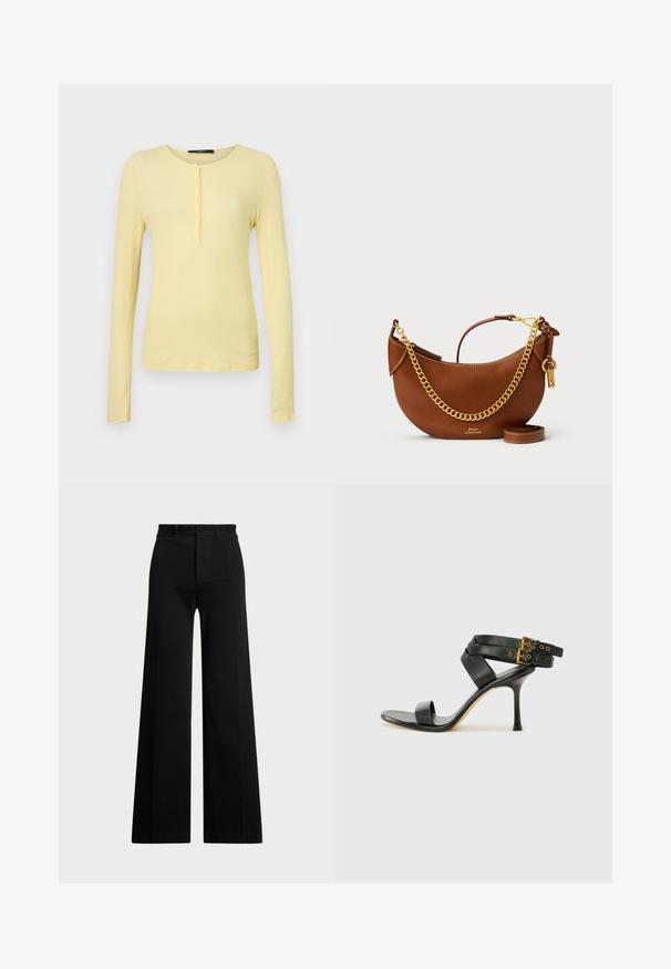 Pitkähihainen, ribattu T-paita vaaleankeltaisena, jossa on pyöreä kaula-aukko ja viiden napin lista. Pehmeä rakenne ja kapea leikkaus.; Mustat leveät housut, jotka on valmistettu kudotusta kankaasta. Niissä on korkea vyötärö, edessä nappisulku ja sivutaskut. Suora pinta puhtailla linjoilla.; Mustat korot kengät, joissa on ristikkäiset hihnat ja säädettävä solki. Ominaisuuksiin kuuluu sileä pinta ja kapeneva stilettokorko.; Ruskea nahkakäsilaukku, jossa on kaareva muotoilu, kultaketjuhihna, sisätasku ja irrotettava olkahihna. Ominaisuuksina on kontrastivärinen ommel.