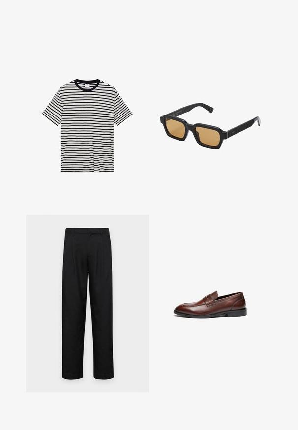 Camiseta a rayas con rayas horizontales en blanco y negro, cuello redondo, mangas cortas y una tela suave y texturizada.; Pantalones negros de tela suave, con un diseño de pierna recta, dos pliegues frontales y una cintura estándar con trabillas para el cinturón.; Mocasines de cuero marrón con un acabado suave, puntera redondeada, tira decorativa y suela de goma negra. Presentan un detalle de costura mínima.; No se generó el texto alternativo.; Bolsa de lona en color blanco roto, con asas cortas y el texto impreso "LES DEUX" en letras negras en negrita. Diseño duradero y sencillo.