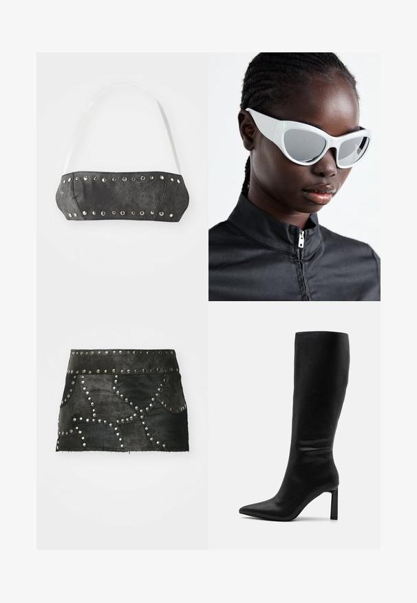 Černý umělý kožený bandeau s stříbrnými kovovými hroty podél předního okraje; obsahuje bílé nastavitelné popruhy. Hladký povrch, strukturovaný tvar.; Černá kožená sukně s dekorativními stříbrnými nýty a zakřiveným šitím. Má přiléhavý pas a délku, která sahá nad polovinu stehna.; Even&Odd Vysoká obuv - black; Bílé sluneční brýle s odvážným, přehnaným designem a zrcadlovými čočkami, s hladkými plastovými rámy a akcentovanými křivkami.